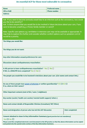 This is a screenshot of the ACP template. It is composed of essential questions about the care someone wants at the end of life