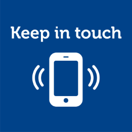 white and blue graphic of a phone to represent keep in touch.