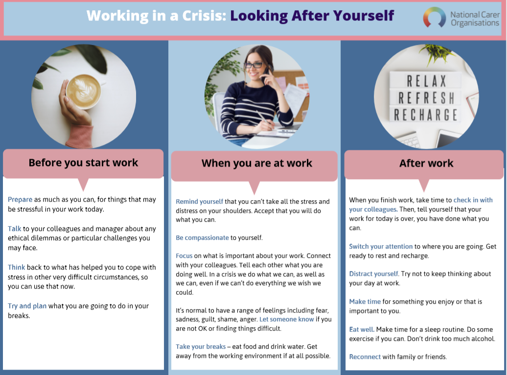 infographic on working in a crisis: looking after yourself.