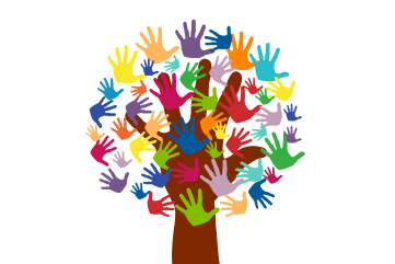 Many colourful hands forming the leaves of a tree which symbolising how the support of others through coaching can support a person to develop and flourish.